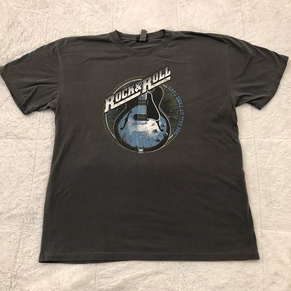 Rock & Roll 1986 Hall Of Fame Tour Blue Guitar Charcoal Gray Shirt Mens size L